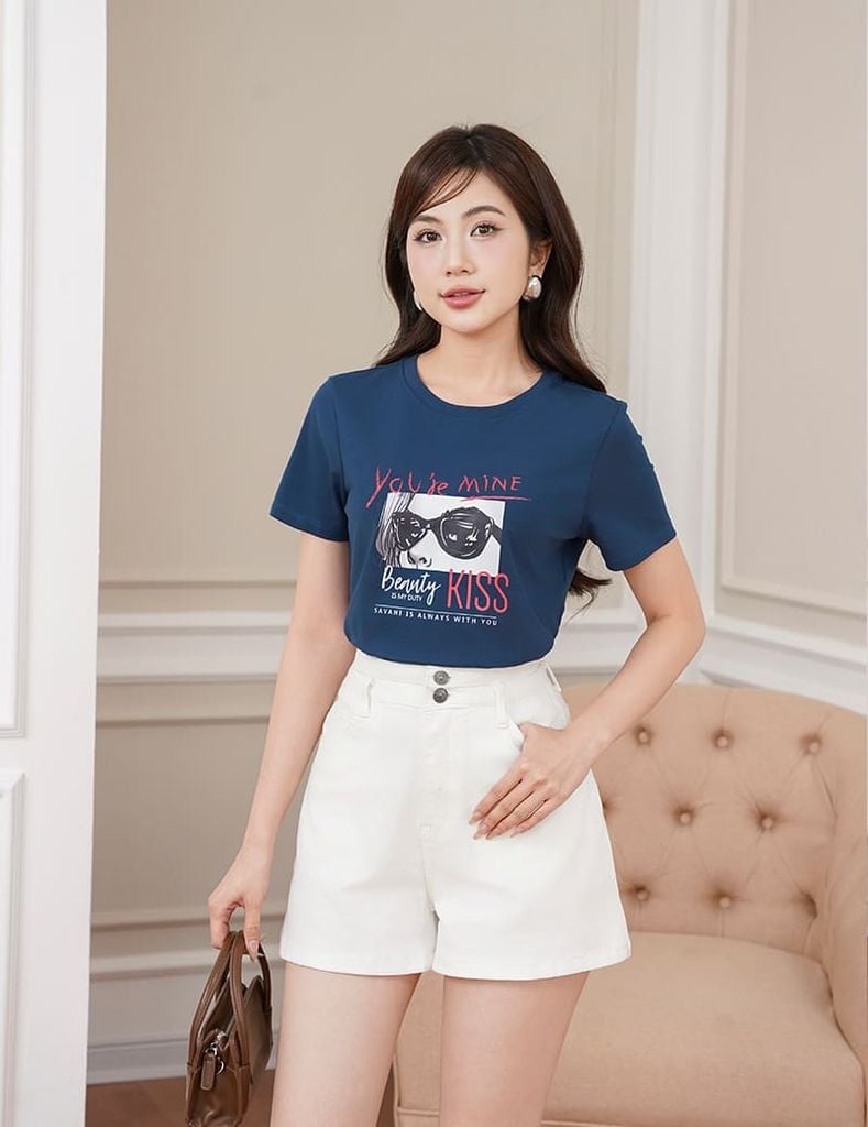 Áo t-shirt nữ ngắn tay cổ tròn in thân trước