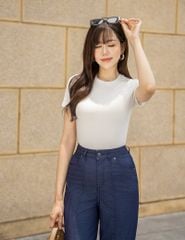 Áo thun gân ngắn tay cổ tròn nữ
