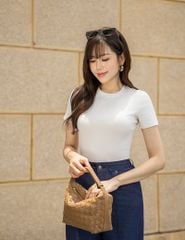 Áo thun gân ngắn tay cổ tròn nữ