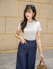 Áo thun gân ngắn tay cổ tròn nữ