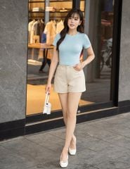 Áo thun gân ngắn tay cổ tròn nữ dáng ngắn