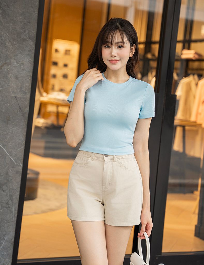 Áo thun gân ngắn tay cổ tròn nữ dáng ngắn