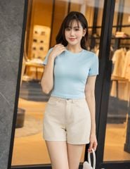 Áo thun gân ngắn tay cổ tròn nữ dáng ngắn