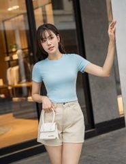 Áo thun gân ngắn tay cổ tròn nữ dáng ngắn