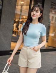 Áo thun gân ngắn tay cổ tròn nữ dáng ngắn