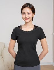Áo thun nữ ngắn tay cổ tim 2 bên vai phối vải lưới