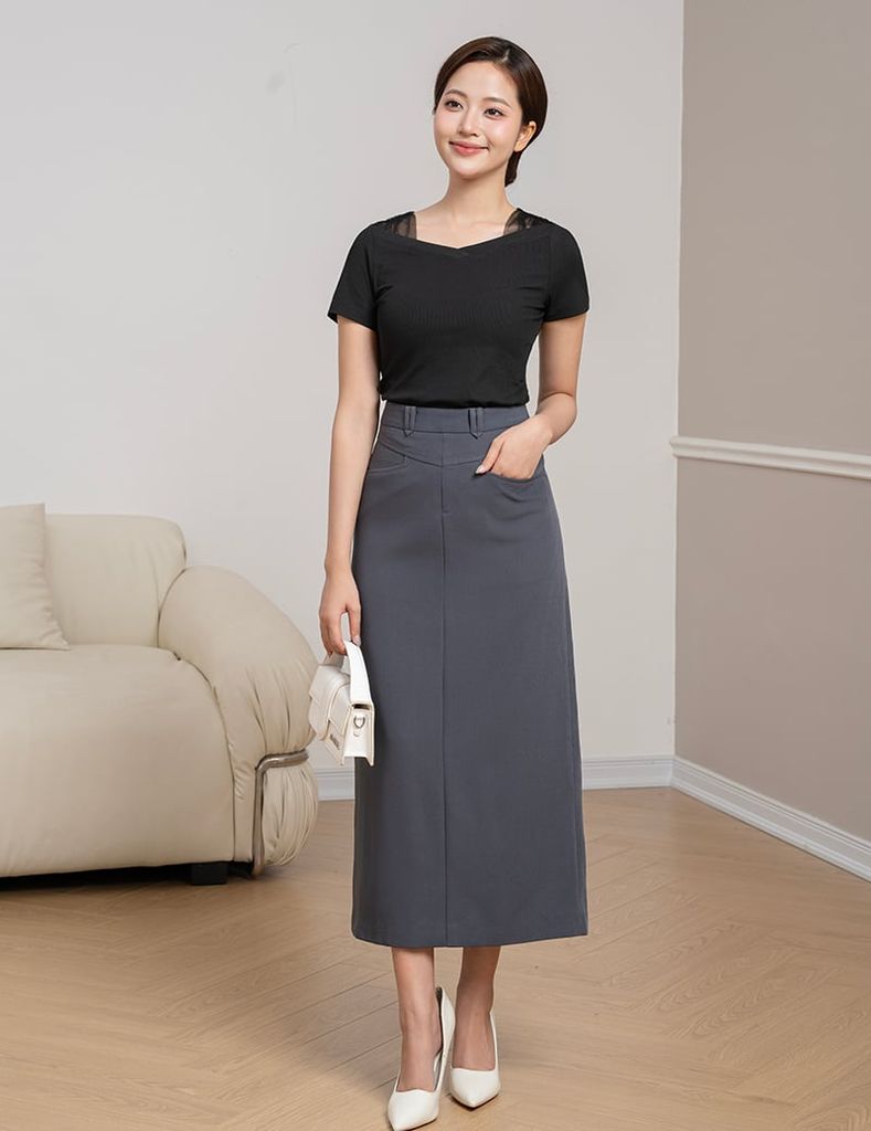 Áo thun nữ ngắn tay cổ tim 2 bên vai phối vải lưới