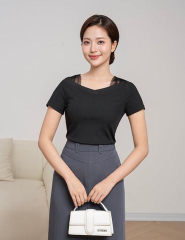 Áo thun nữ ngắn tay cổ tim 2 bên vai phối vải lưới