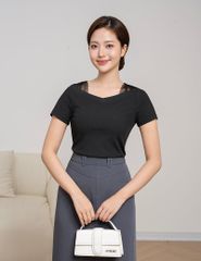Áo thun nữ ngắn tay cổ tim 2 bên vai phối vải lưới