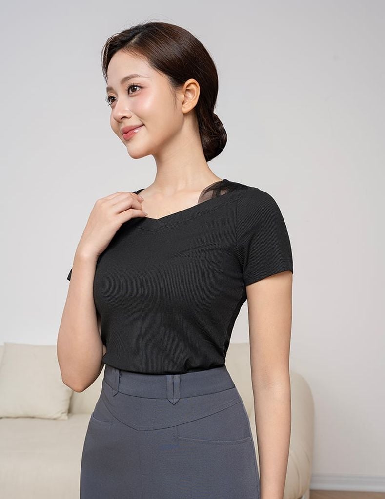 Áo thun nữ ngắn tay cổ tim 2 bên vai phối vải lưới