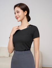 Áo thun nữ ngắn tay cổ tim 2 bên vai phối vải lưới