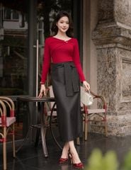 Chân váy jean nữ dáng dài vạt vắt dây chéo