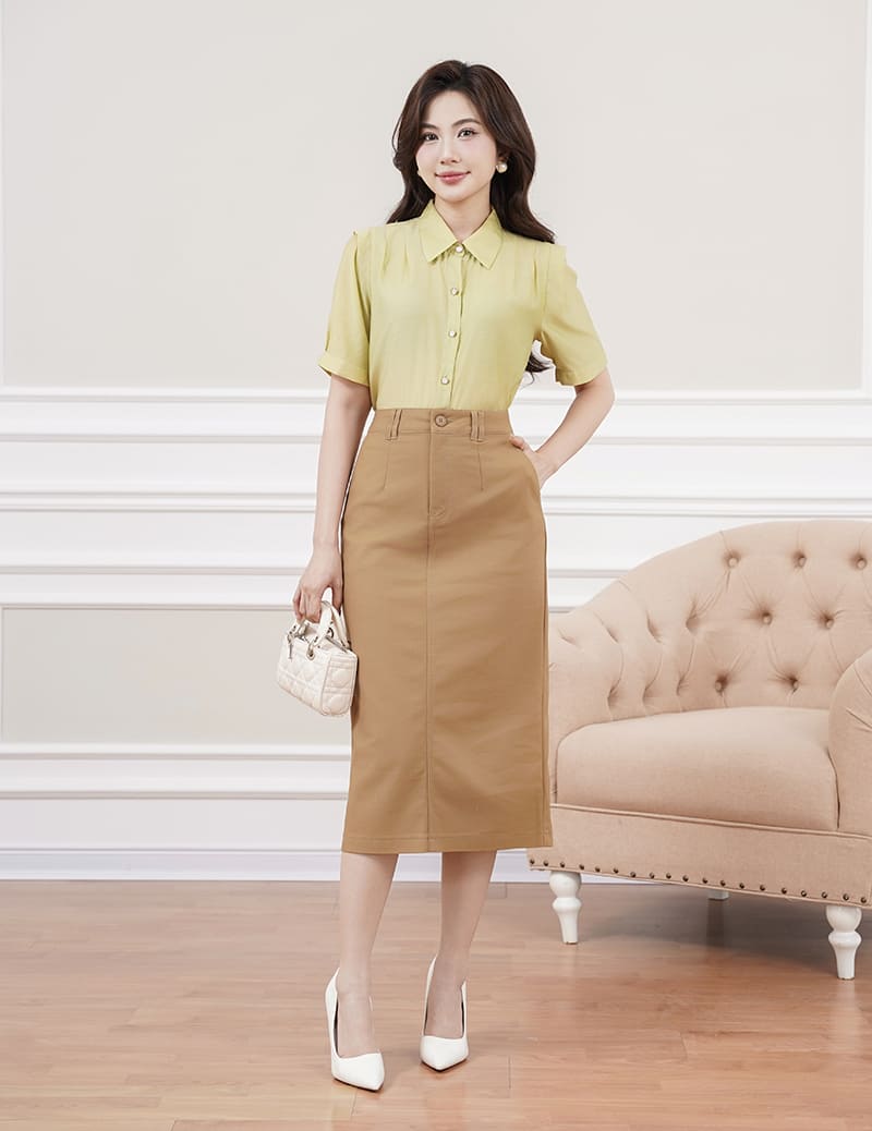 Chân váy khaki nữ dáng đứng xẻ sau