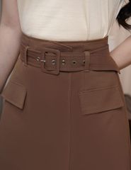 Chân váy khaki nữ dáng chữ A cạp cao gắn đai