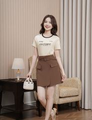 Chân váy khaki nữ dáng chữ A cạp cao gắn đai