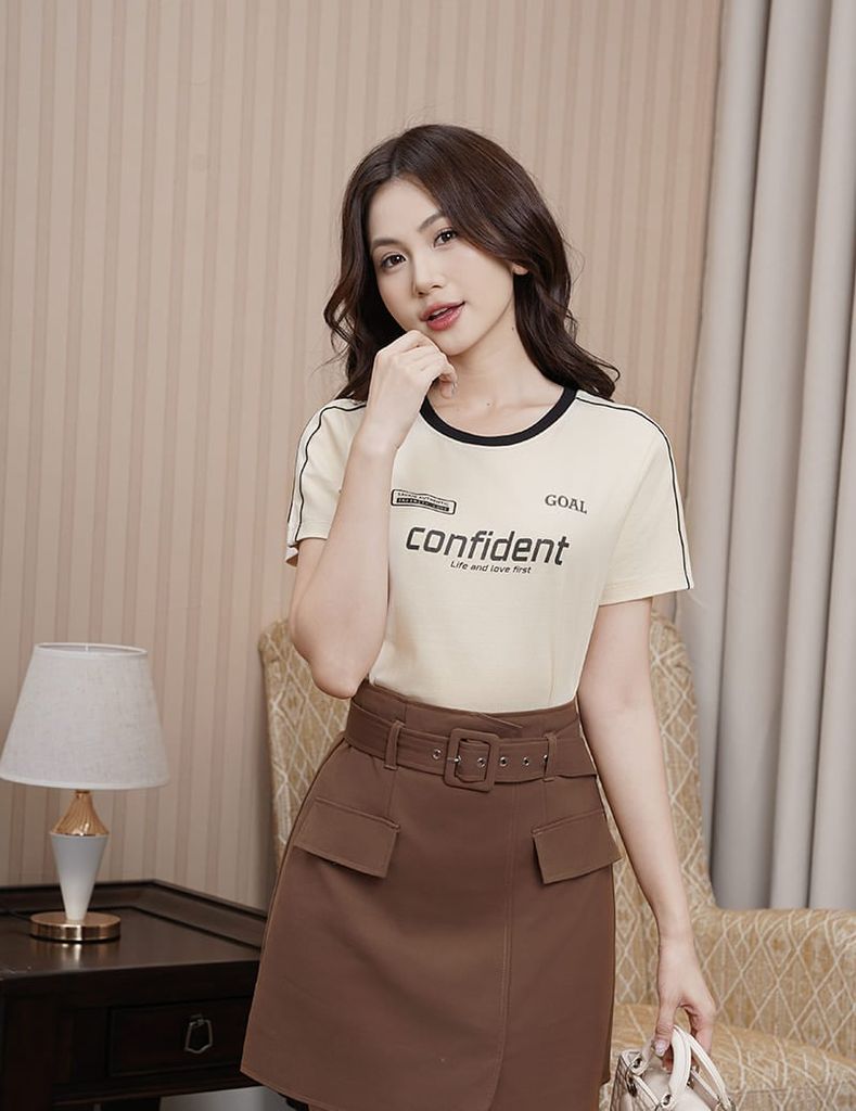 Chân váy khaki nữ dáng chữ A cạp cao gắn đai