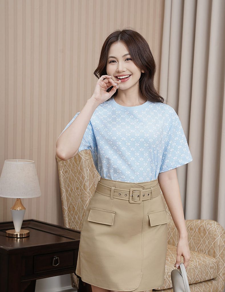 Chân váy khaki nữ dáng chữ A cạp cao gắn đai