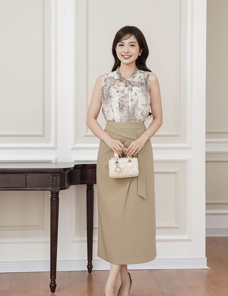 Chân váy công sở nữ dáng dài cạp may dây trang trí