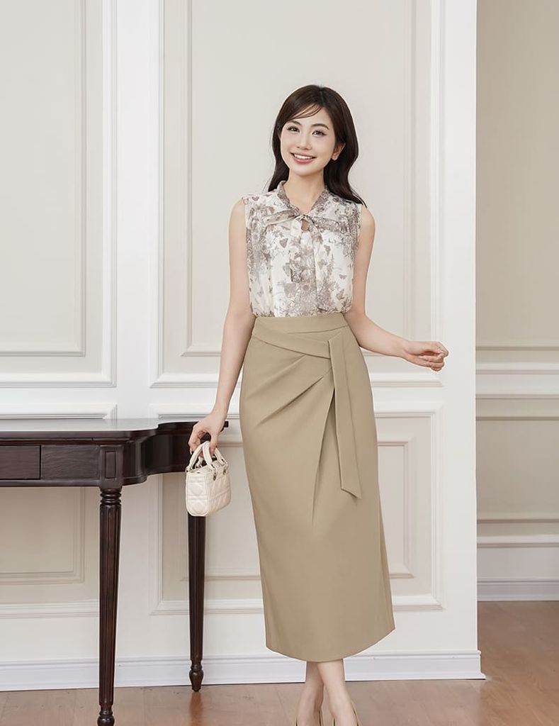 Chân váy công sở nữ dáng dài cạp may dây trang trí
