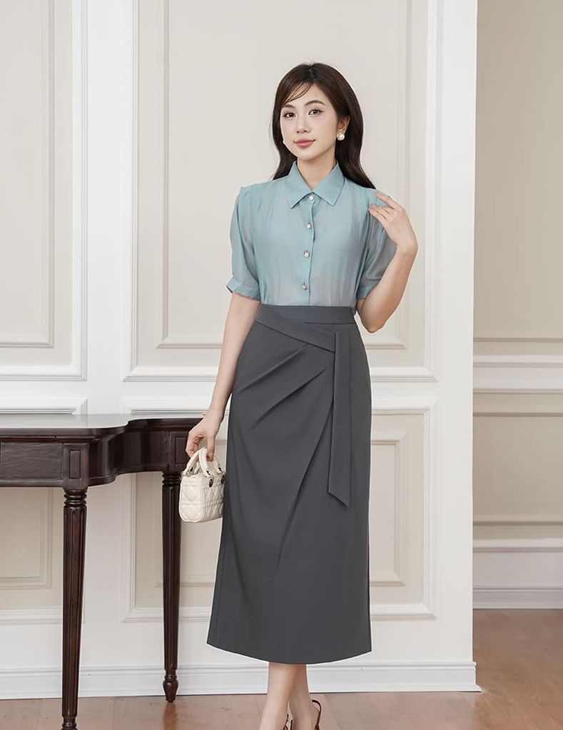 Chân váy công sở nữ dáng dài cạp may dây trang trí