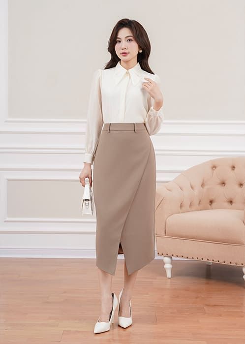 Chân váy công sở nữ dài dáng bút chì thiết kế hai tà chéo