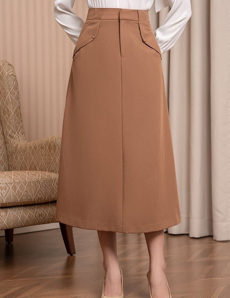 Chân váy chữ A dáng dài đính cúc trang trí