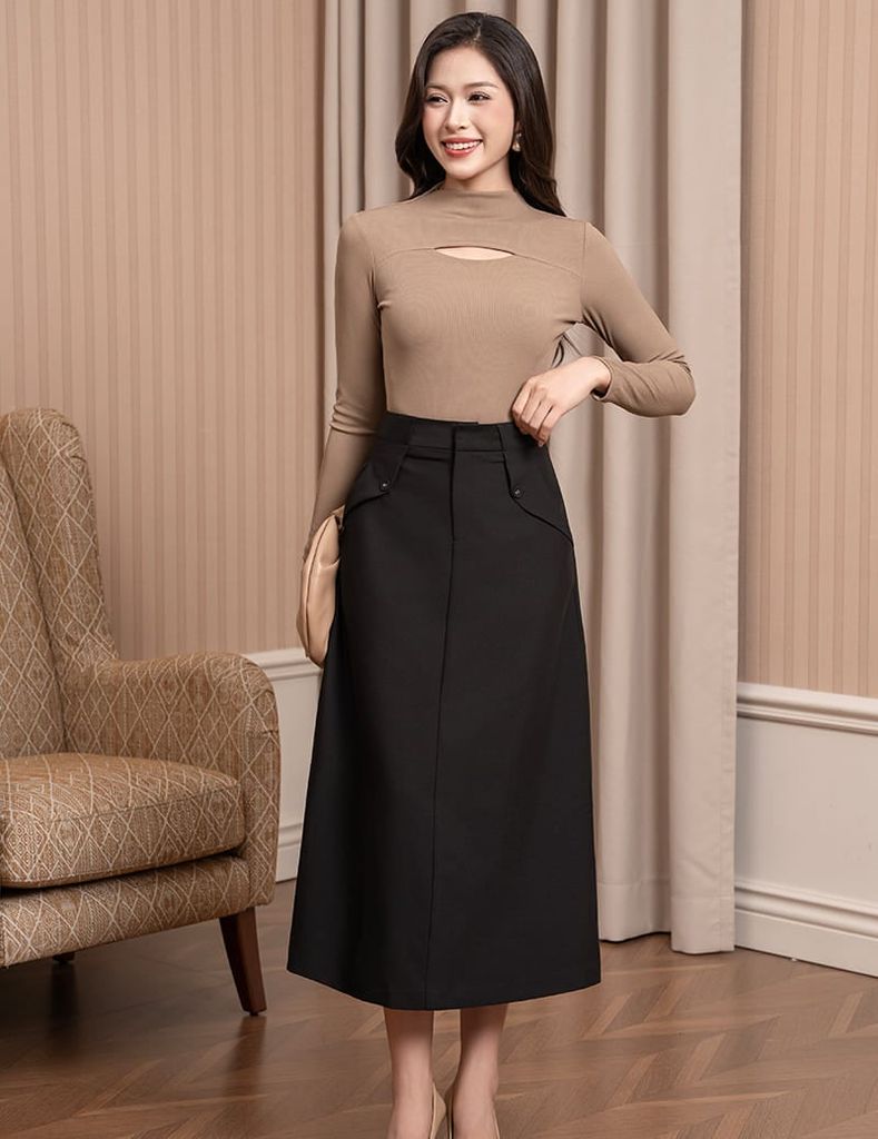 Chân váy chữ A dáng dài đính cúc trang trí