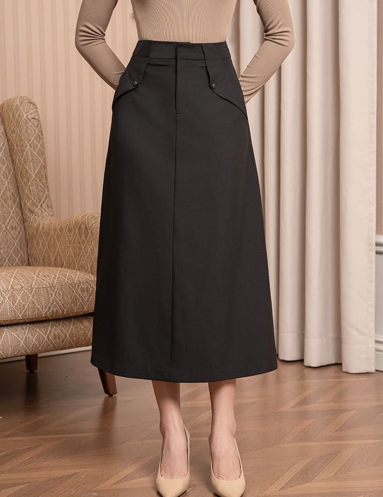 Chân váy chữ A dáng dài đính cúc trang trí