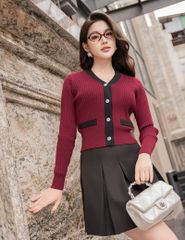 Áo khoác len nữ nẹp cổ thân vải phối