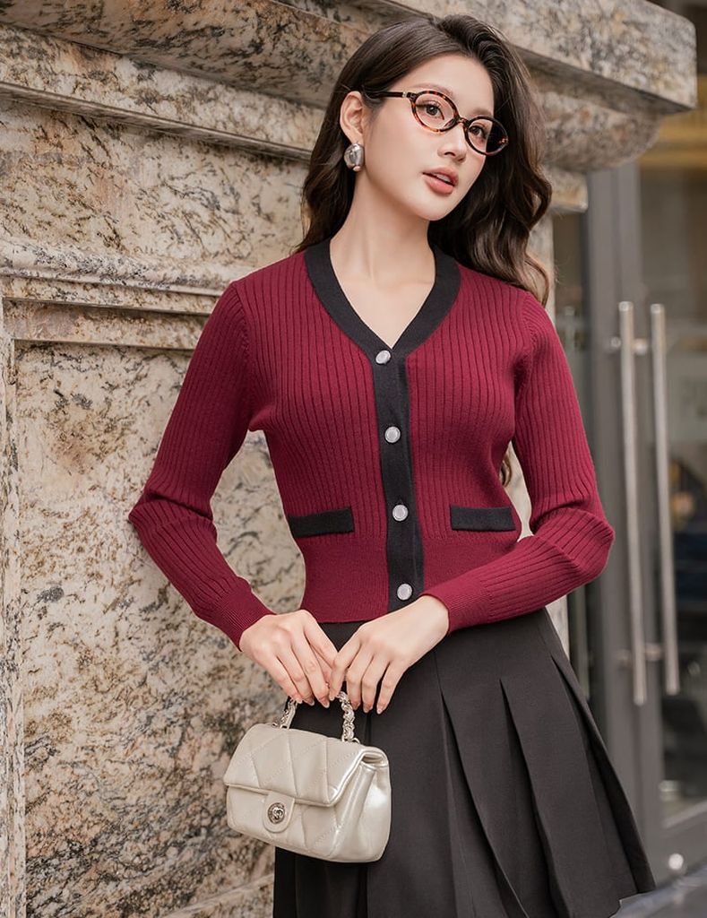 Áo khoác len nữ nẹp cổ thân vải phối