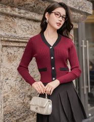 Áo khoác len nữ nẹp cổ thân vải phối