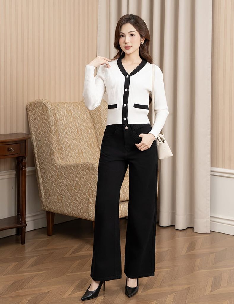 Áo khoác len nữ nẹp cổ thân vải phối