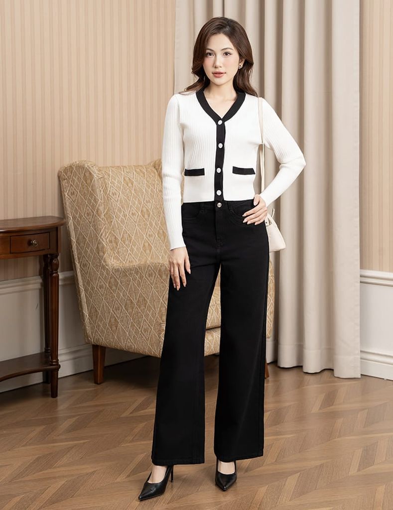 Áo khoác len nữ nẹp cổ thân vải phối