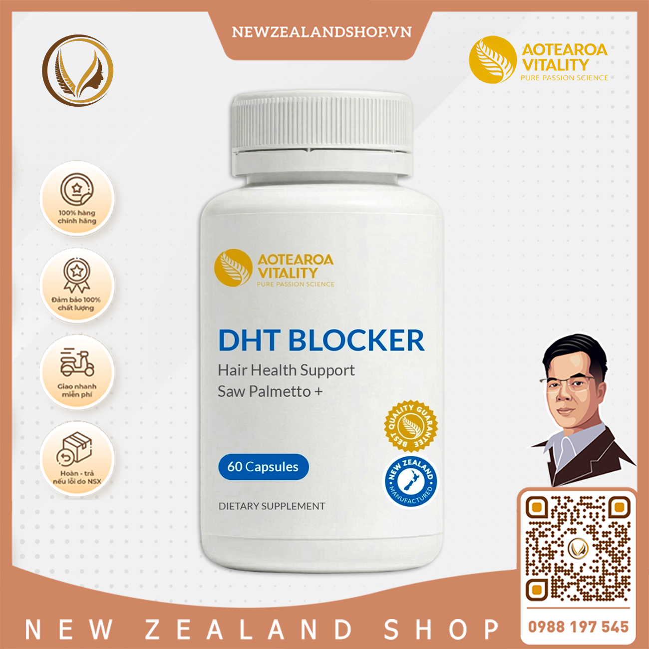 Viên uống kích thích mọc tóc nhanh, ngăn rụng tóc Aotearoa Vitality DHT Blocker 60 viên