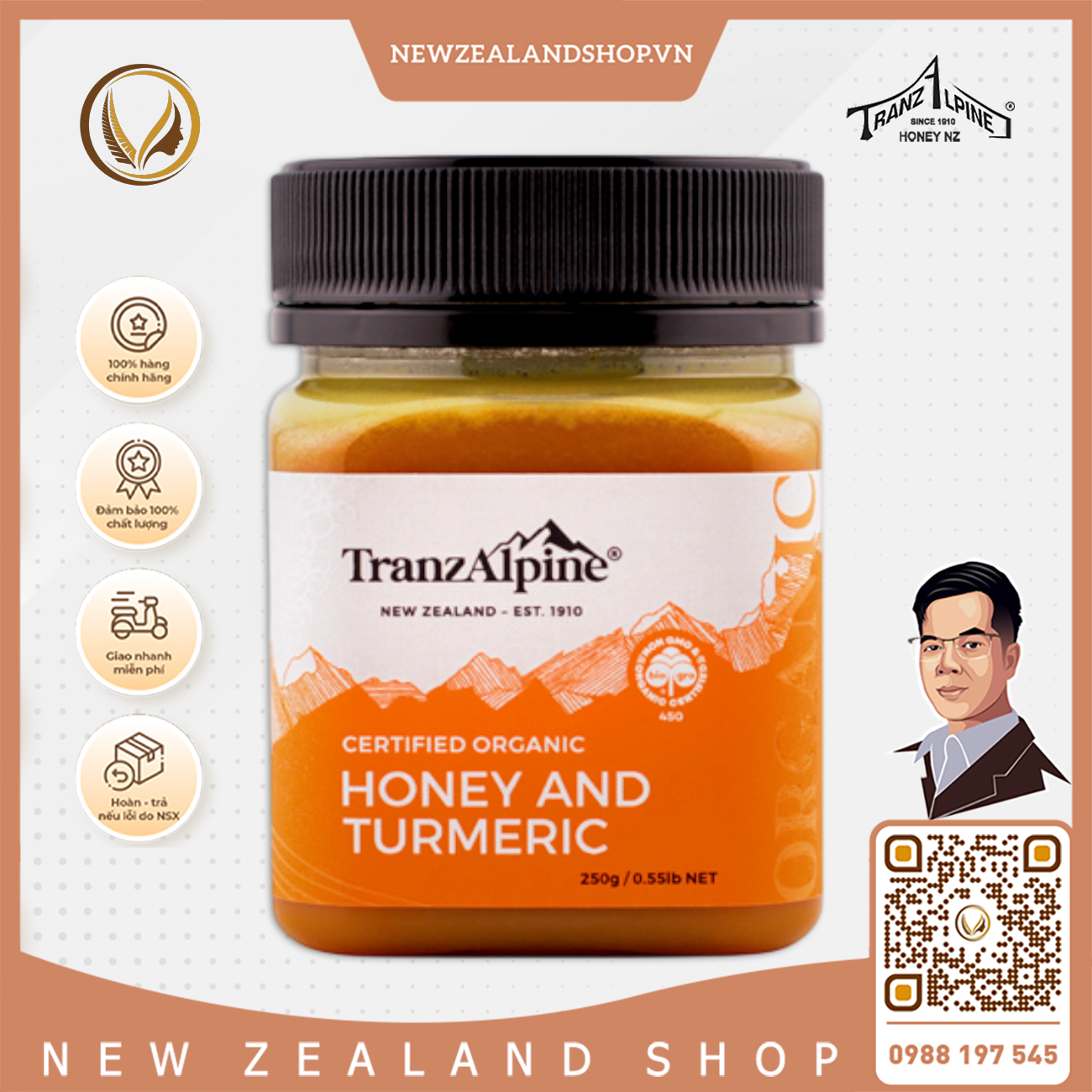 Mật ong cỏ ba lá hữu cơ kết hợp với nghệ TranzAlpine Certified Organic Honey And Turmeric 250g