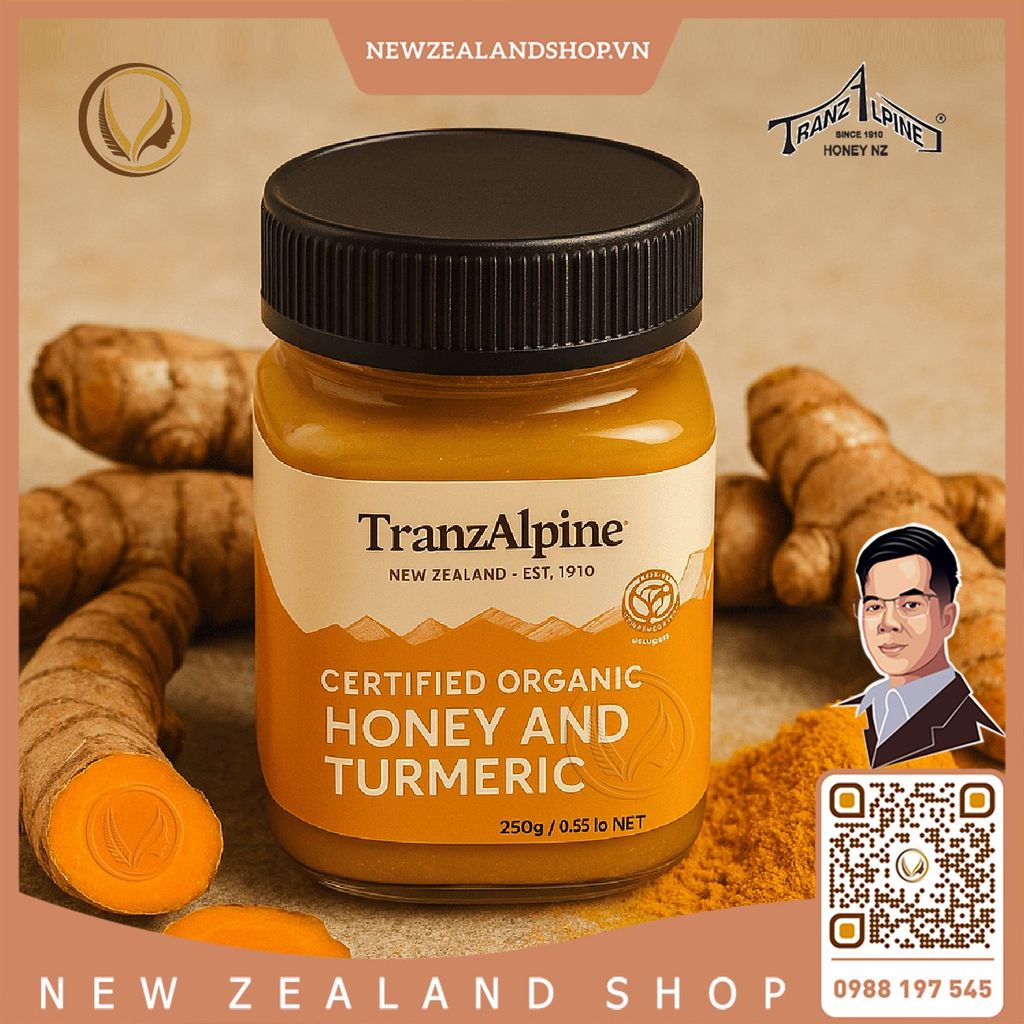 Mật ong cỏ ba lá hữu cơ kết hợp với nghệ TranzAlpine Certified Organic Honey And Turmeric 250g