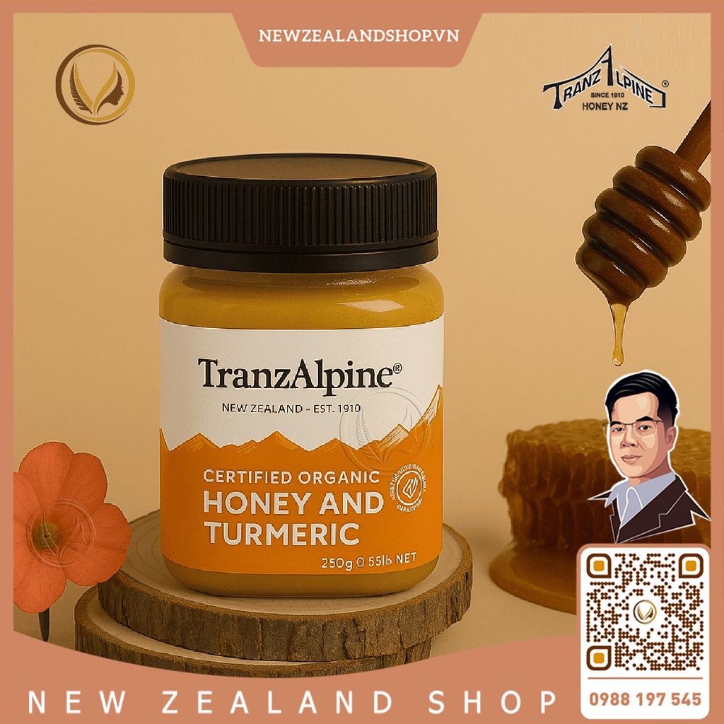 Mật ong cỏ ba lá hữu cơ kết hợp với nghệ TranzAlpine Certified Organic Honey And Turmeric 250g
