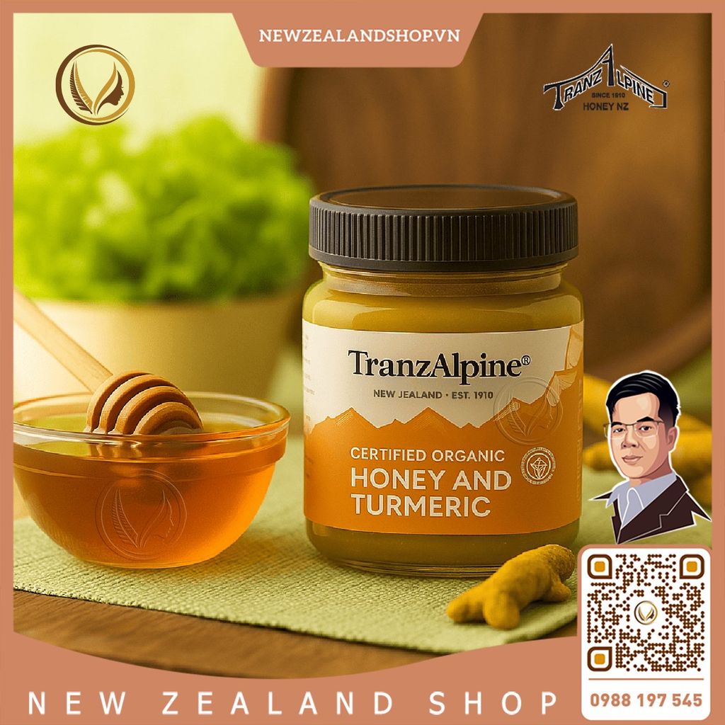 Mật ong cỏ ba lá hữu cơ kết hợp với nghệ TranzAlpine Certified Organic Honey And Turmeric 250g