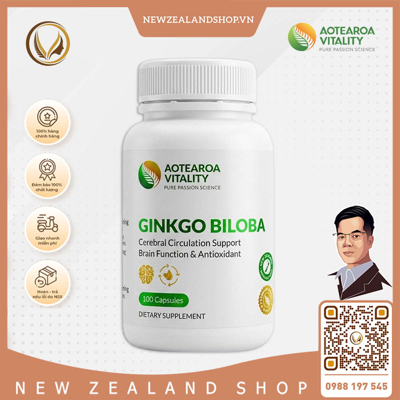 Viên uống bổ não, tăng cường trí nhớ Aotearoa Vitality Ginkgo Biloba 100 viên