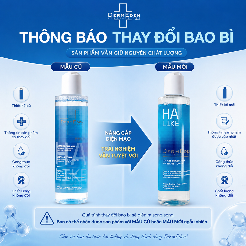 Nước hoa hồng 2 trong 1 DermEden HA-Like Micellar Toner 200ml