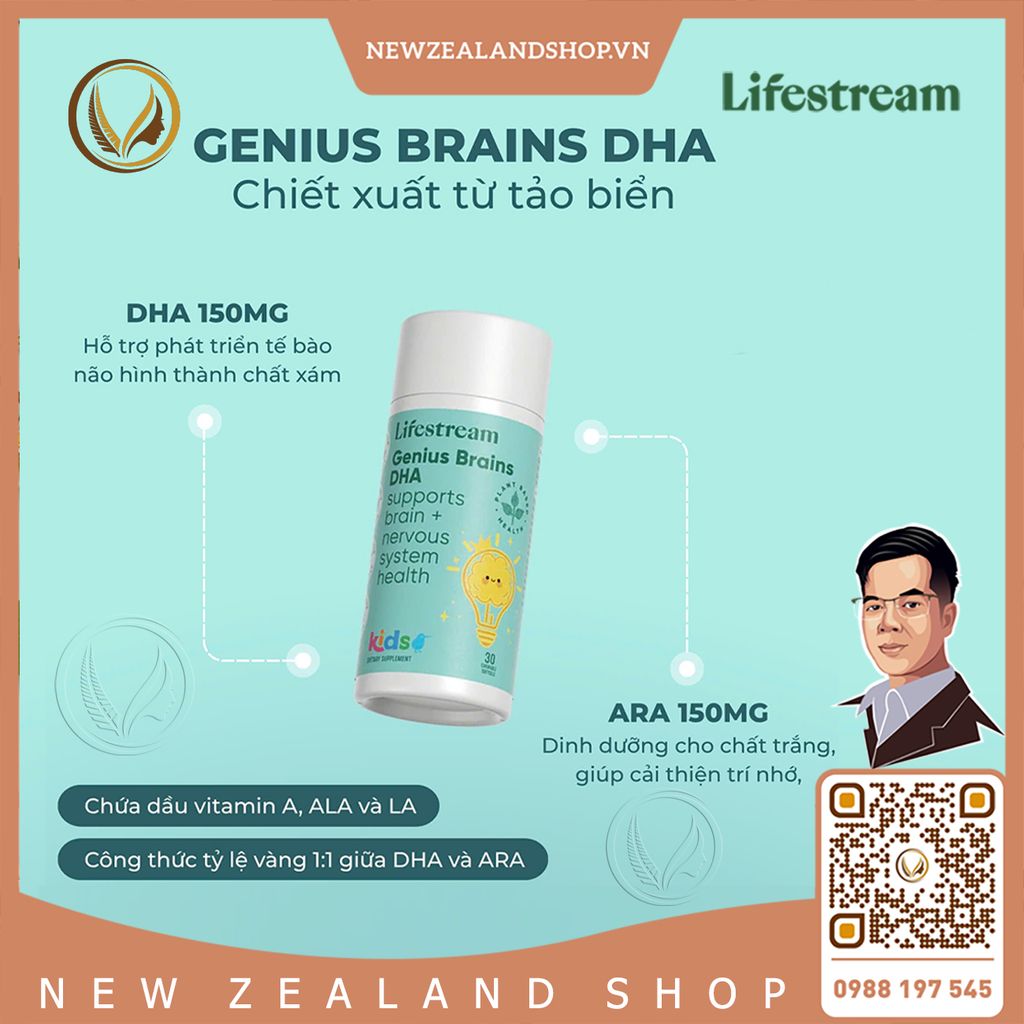 Viên uống bổ não, tăng cường trí nhớ tập trung cho trẻ em Lifestream Genius Brains DHA Kids 30 viên