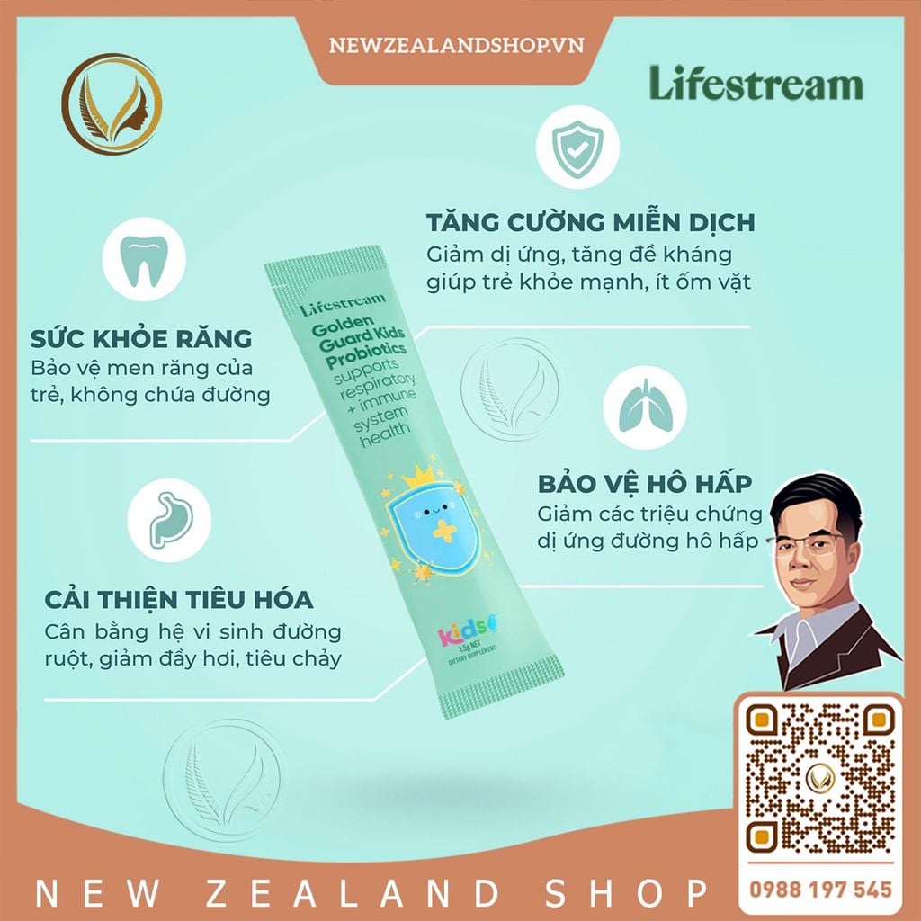 Bột men vi sinh tăng miễn dịch và hô hấp cho trẻ em Lifestream Golden Guard Kids Probiotics 15 gói