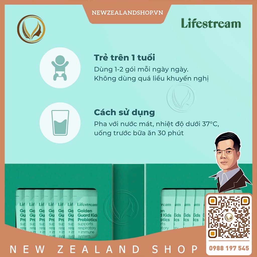 Bột men vi sinh tăng miễn dịch và hô hấp cho trẻ em Lifestream Golden Guard Kids Probiotics 15 gói