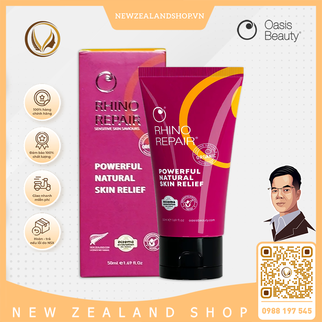 Kem dưỡng ẩm phục hồi da Oasis Beauty Rhino Repair Powerful Natural Skin Relief 50ml