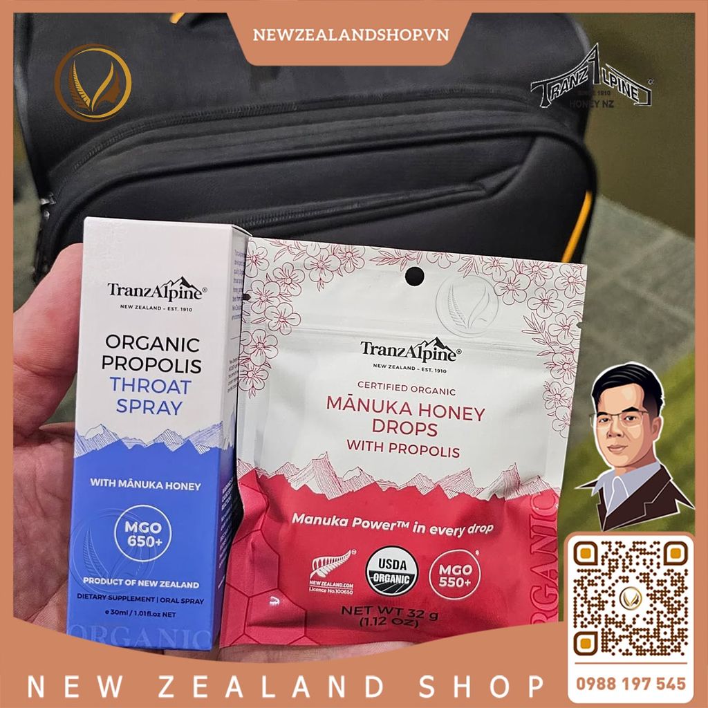 Kẹo ngậm mật ong Manuka hữu cơ MGO550+ với keo ong TranzAlpine Organic Manuka Honey Drops with Propolis 25 viên