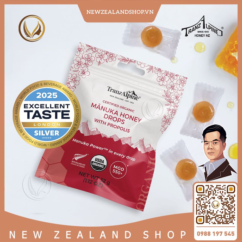 Kẹo ngậm mật ong Manuka hữu cơ MGO550+ với keo ong TranzAlpine Organic Manuka Honey Drops with Propolis 25 viên
