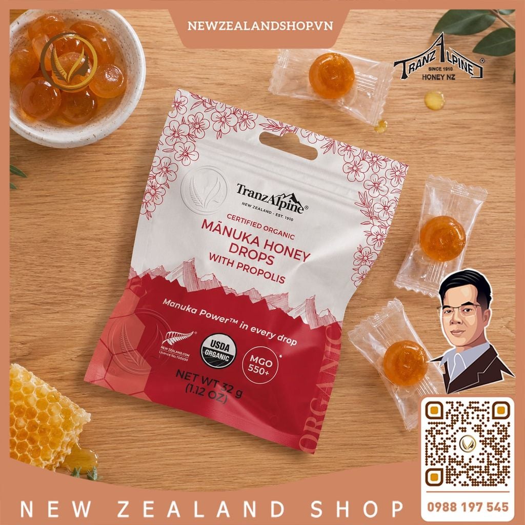 Kẹo ngậm mật ong Manuka hữu cơ MGO550+ với keo ong TranzAlpine Organic Manuka Honey Drops with Propolis 25 viên