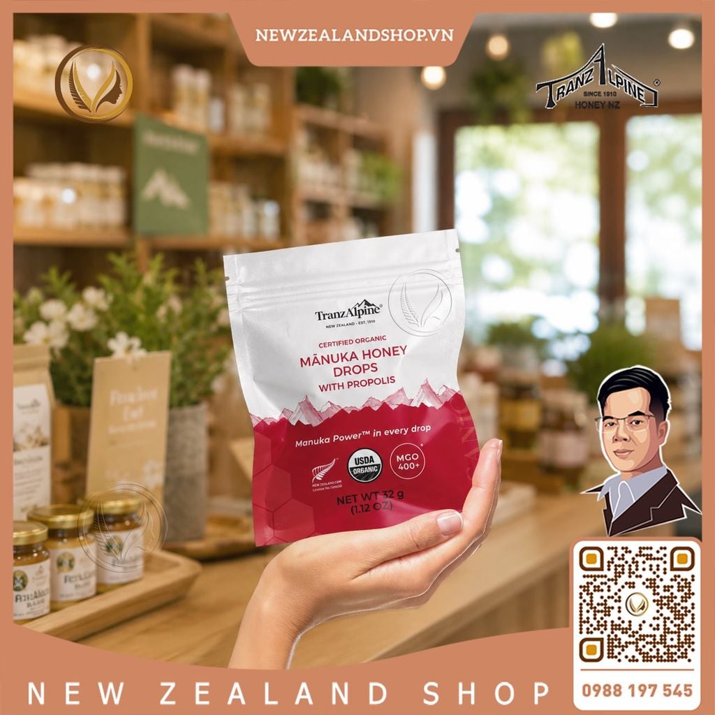Kẹo ngậm mật ong Manuka hữu cơ MGO550+ với keo ong TranzAlpine Organic Manuka Honey Drops with Propolis 25 viên