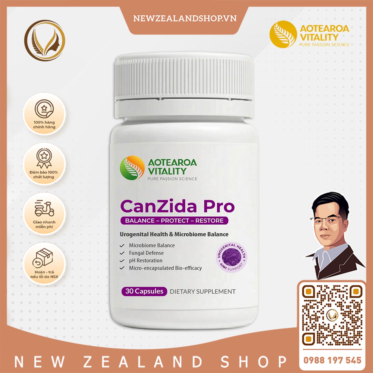 Viên uống men vi sinh giảm nấm candida, nấm ngứa vùng kín Aotearoa Vitality CanZida Pro 30 viên