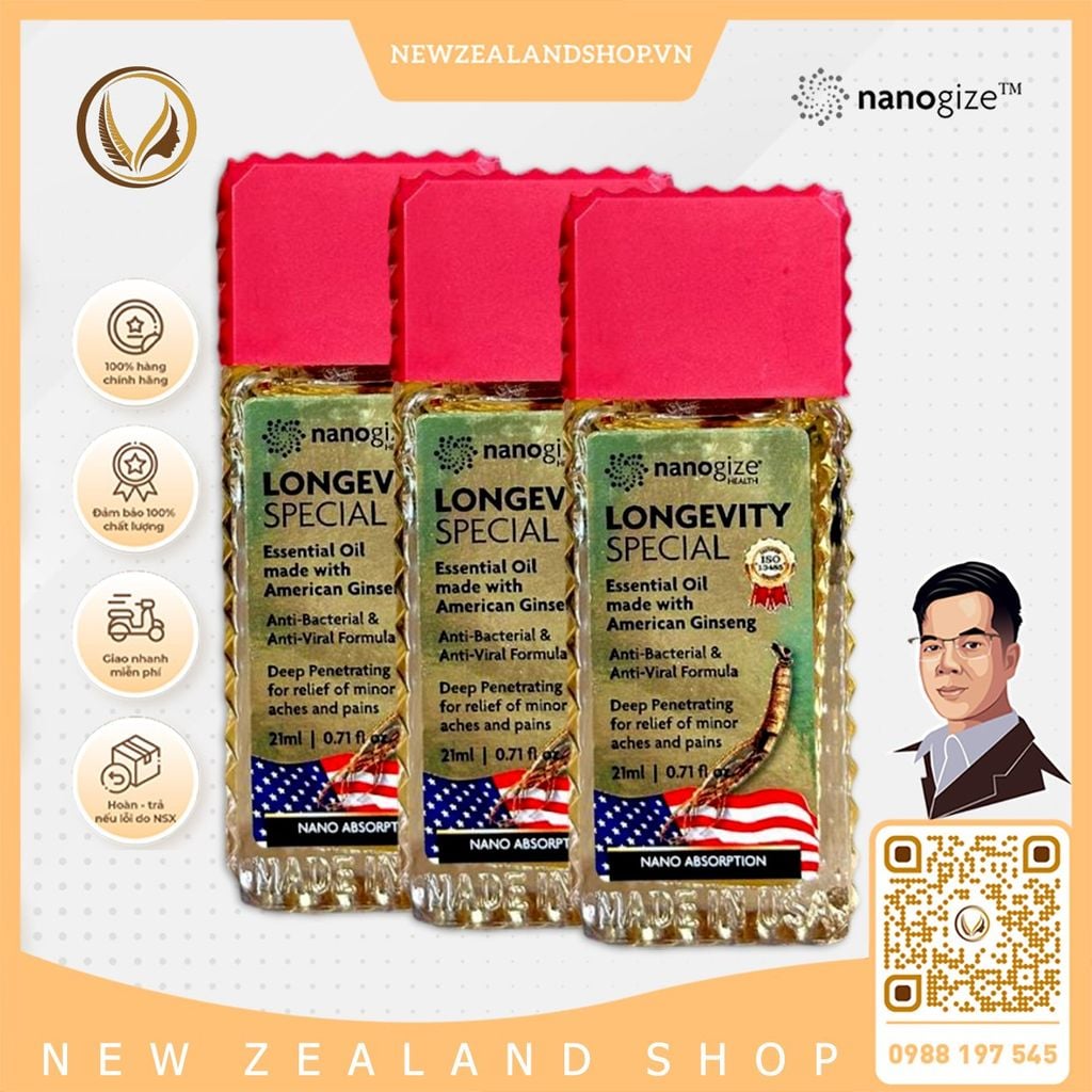 Dầu gió tinh dầu Nhân Sâm Mỹ Nanogize Longevity Special Essential Oil American Ginseng 21ml